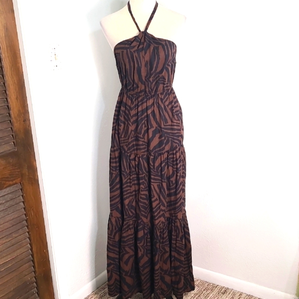 Nicole Miller Brown & Black Maxi-Dress with Halter Neck, Tiers, Ruffle, Size XS - Picture 2 of 11